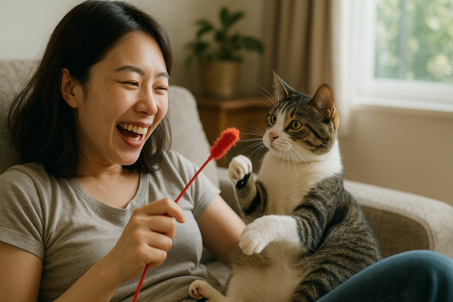 Happy pet owner with her cat