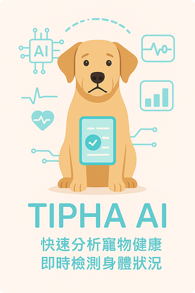 A dog with AI health analysis icons around it, with text TIPHA AI, 快速分析寵物健康, 即時檢測身體狀況