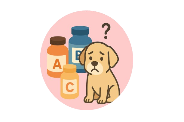 Illustration of a sad dog with medicine