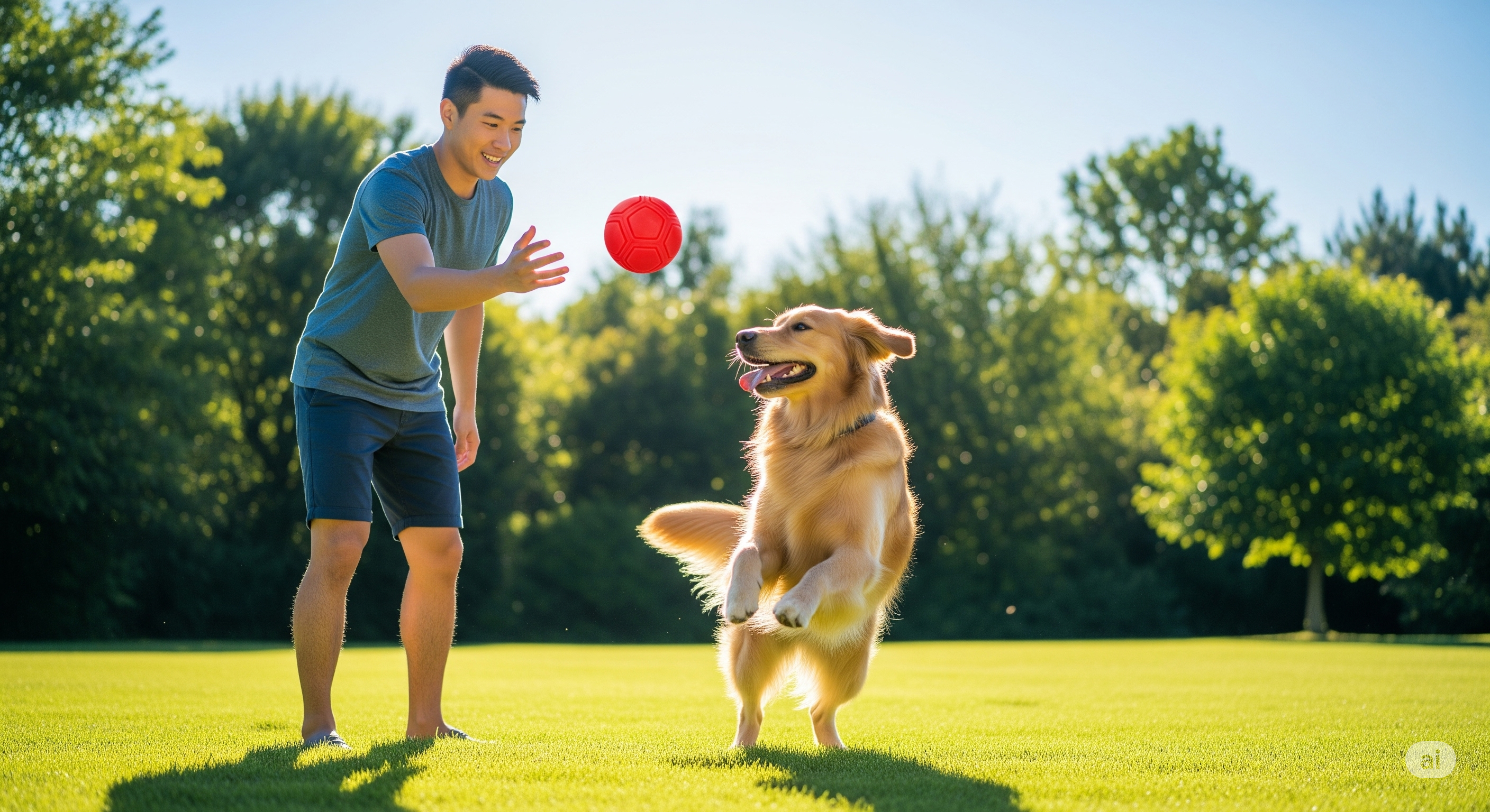A person playing with a dog in a sunny park.